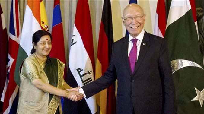 During her two-day visit, she called on Prime Minister Nawaz Sharif and hold talks with her counterpart Sartaj Aziz. Swaraj's visit came days after talks between the National Security Advisors of India and Pakistan in Bangkok, where they discussed During her two-day visit, she called on Prime Minister Nawaz Sharif and hold talks with her counterpart Sartaj Aziz. Swaraj's visit came days after talks between the National Security Advisors of India and Pakistan in Bangkok, where they discussed